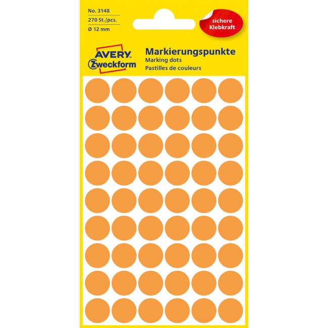 Etikety Avery kruhové 12 mm, neónovo oranžové
