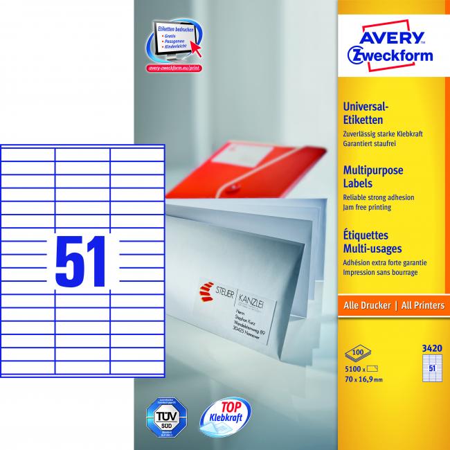 Etikety univerzálne 70 x 16,9 mm Avery A4, 100 listov
