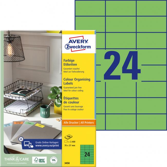 Etikety farebné 70x37 mm Avery A4 zelené, 100 listov