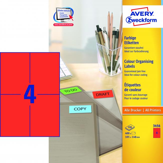 Etikety farebné 105 x 148 mm Avery A4 červené, 100 listov