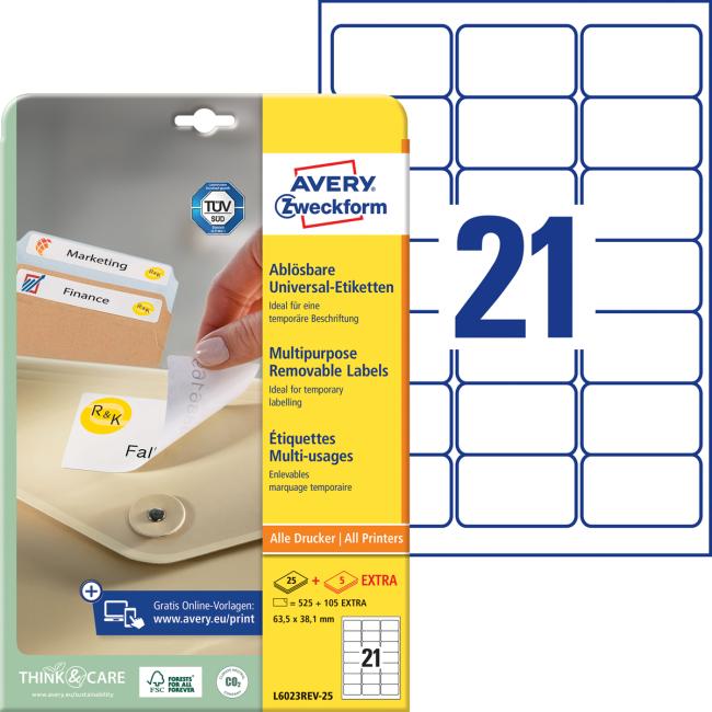 Etikety univerzálne odnímateľné 63,5x38,1mm Avery A4 25+5 hárkov