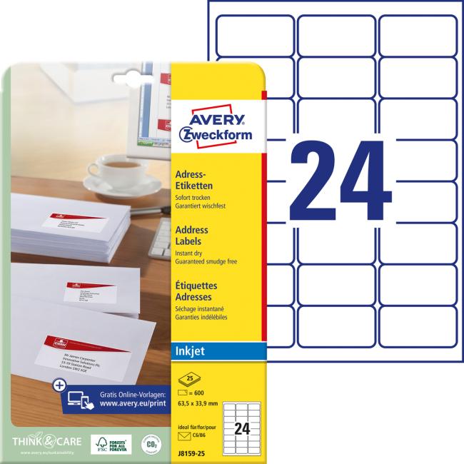 Adresné etikety AVERY 63,5x33,9mm biele
