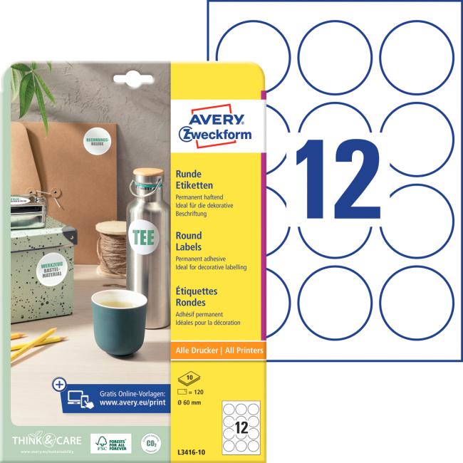 Etikety univerzálne kruhové 60mm Avery A4 10 hárkov