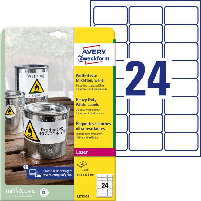 Etikety Avery 63,5 x 33,9 mm, polyesterové biele