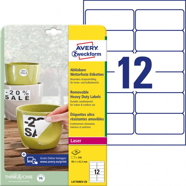 Etikety Avery 99,1x42,3 mm, polyesterové biele, odnímateľné