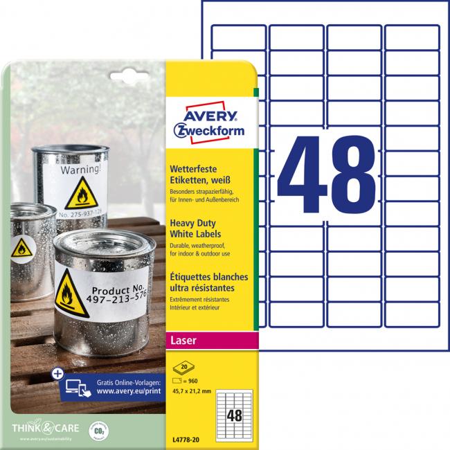 Etikety Avery 45,7 x 21,2 mm, polyesterové biele