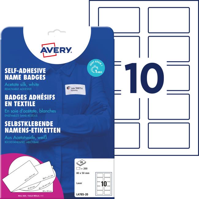 Samolepiace menovky Avery na textil 80x50mm, materiál acetátový hodváb