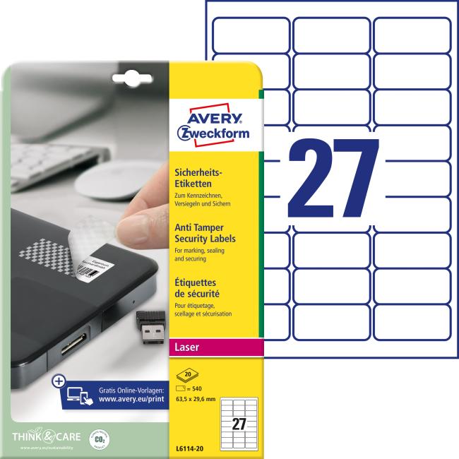 Etikety odolné na špeciálne použite Avery ’šachovnicový vzor’ 63,5x29,6mm A4 biele 20 hárkov