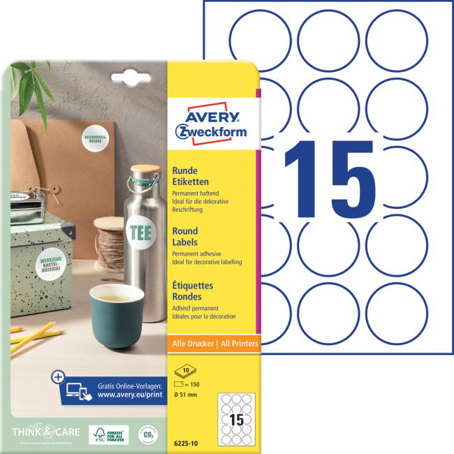 Etikety univerzálne kruhové 51mm Avery A4 10 hárkov
