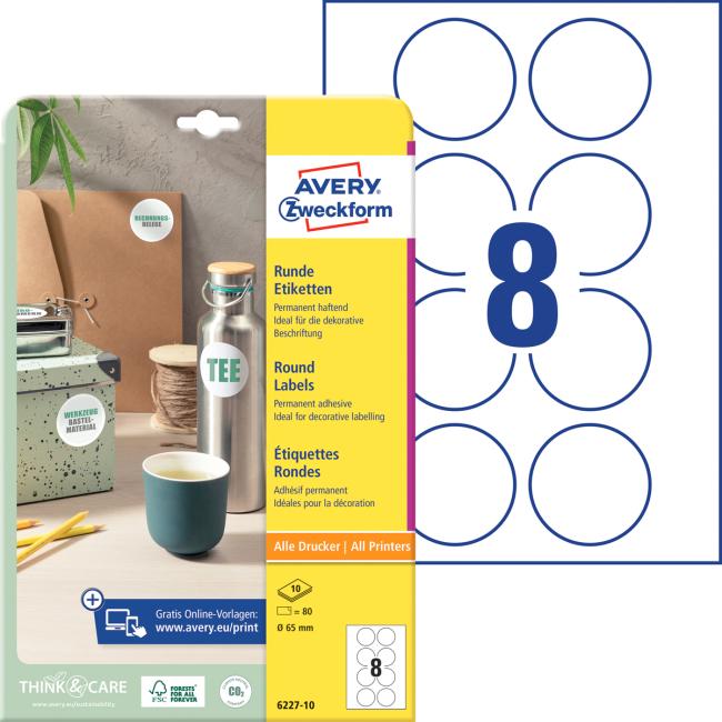 Etikety univerzálne kruhové 65mm Avery A4 10 hárkov