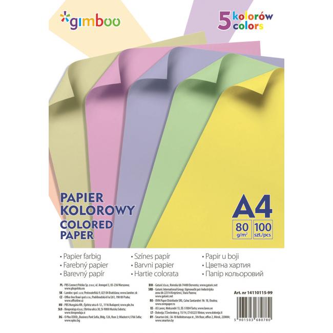 Farebný papier Gimboo A4 100 listov 80g 5 pastelových farieb