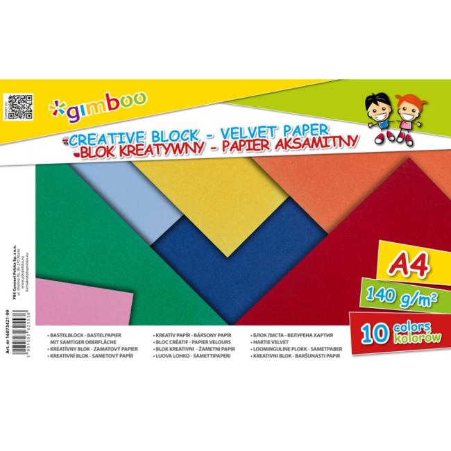Kreatívny farebný blok GIMBOO A4, zamatový papier, lepený, 10 farieb, 140 GSM