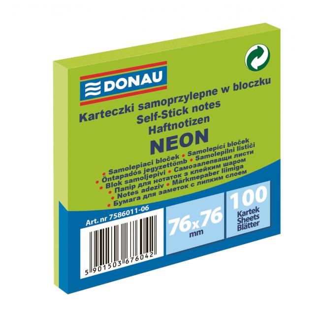 Bloček Donau neónový, 76 x 76 mm, zelený, 100 lístkov
