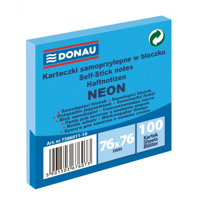 Samolepiaci bloček Donau neónový, 76 x 76 mm, modrý, 100 lístkov