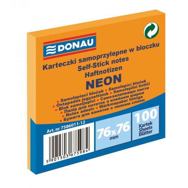 Bloček Donau neónový, 76 x 76 mm, oranžový, 100 lístkov