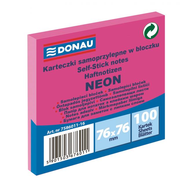 Samolepiaci bloček Donau neónový, 76 x 76 mm, ružový, 100 lístkov