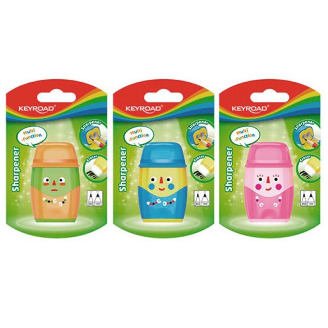 Strúhadlo KEYROAD Hello plastové s dvomi otvormi, gumou blister mix farieb