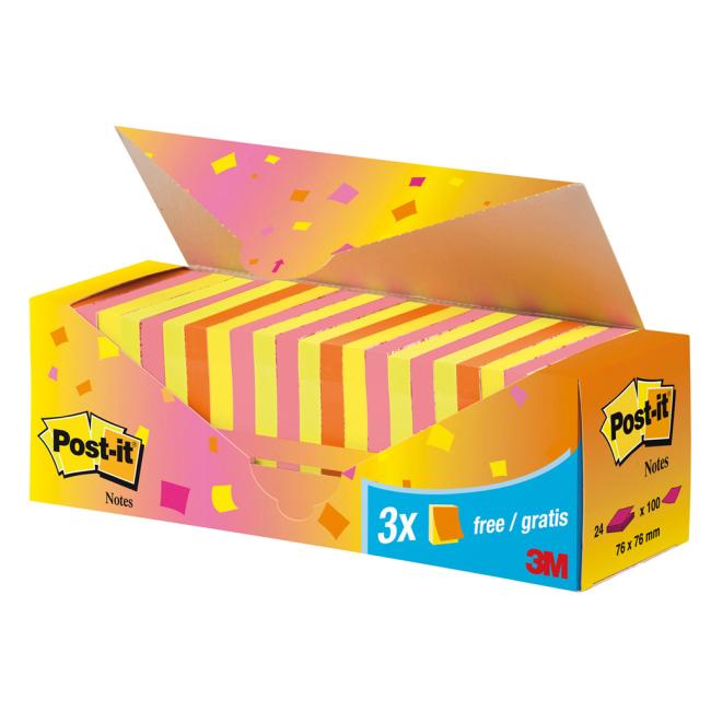 Samolepiaci bloček Post-it Super Sticky, 76x76 mm, mix neónových farieb, zvýhodnené balenie