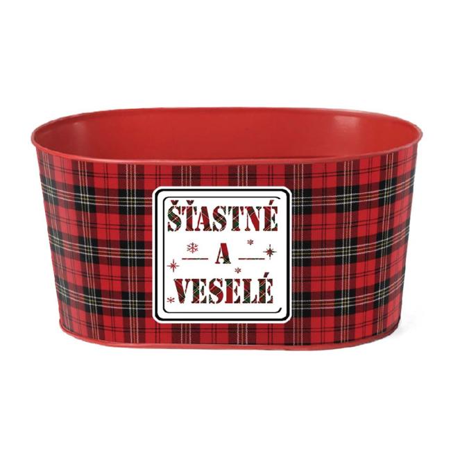 Kvetináč plechový 225x110 mm oválny, ’Šťastné a veselé’, červená, čierna, zelená