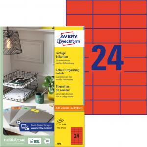 Etikety farebné 70x37 mm Avery A4 červené, 100 listov