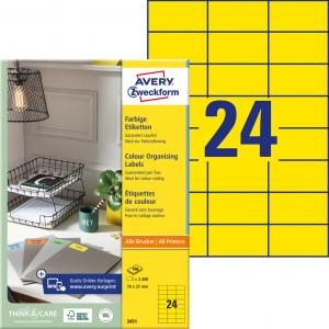 Etikety farebné 70x37 mm Avery A4 žlté, 100 listov