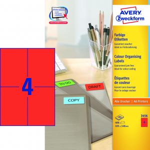 Etikety farebné 105 x 148 mm Avery A4 červené, 100 listov