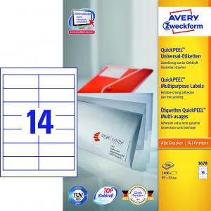 Etikety univerzálne 97 x 37 mm Avery A4, 100 listov