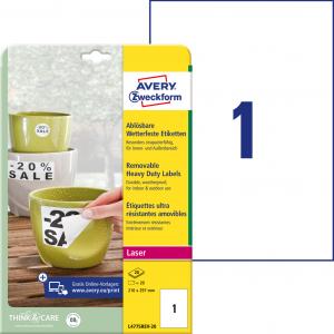 Etikety polyesterové 210x297mm Avery A4 biele odnímateľné 20 hárkov