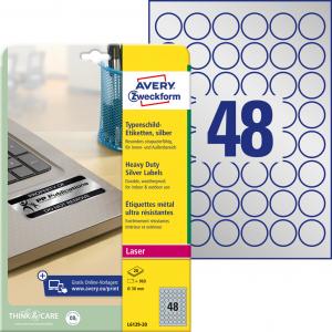 Etikety polyesterové kruhové priemer 30mm Avery A4 strieborné 20 hárkov
