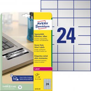 Etikety polyesterové 70x37mm Avery A4 strieborné 20 hárkov