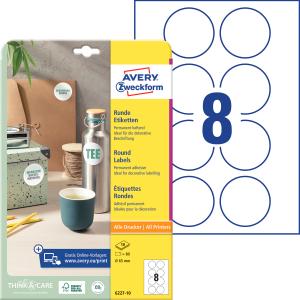 Etikety univerzálne kruhové 65mm Avery A4 10 hárkov