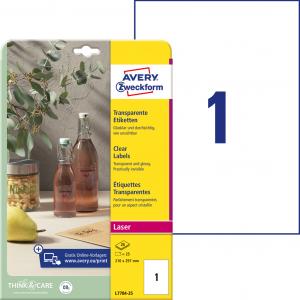 Etikety polyesterové 210x297mm Avery A4 25 hárkov priehľadné
