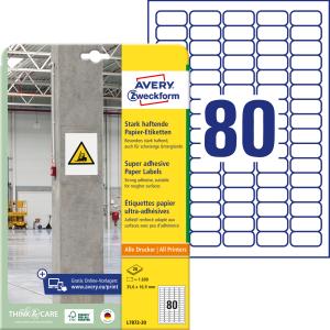 Etikety univerzálne 35,6x16,9mm Avery A4, silne lepivé 20 hárkov