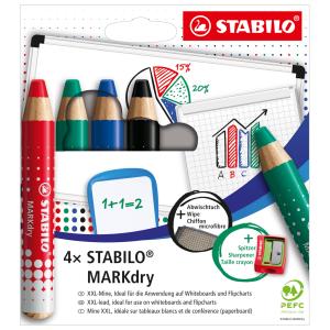 Sada STABILO MARKdry na tabuľu a flipchart 4f so strúhadlom a utierkou