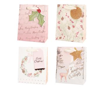 Vianočná papierová taška 260x320mm textilné ušká vo farbe tašky mix 4 ružových motívov bez možnosti výberu