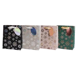 Vianočná papierová taška 115x145mm textilné ušká vo farbe tašky mix 4 metalických motívov bez možnosti výberu